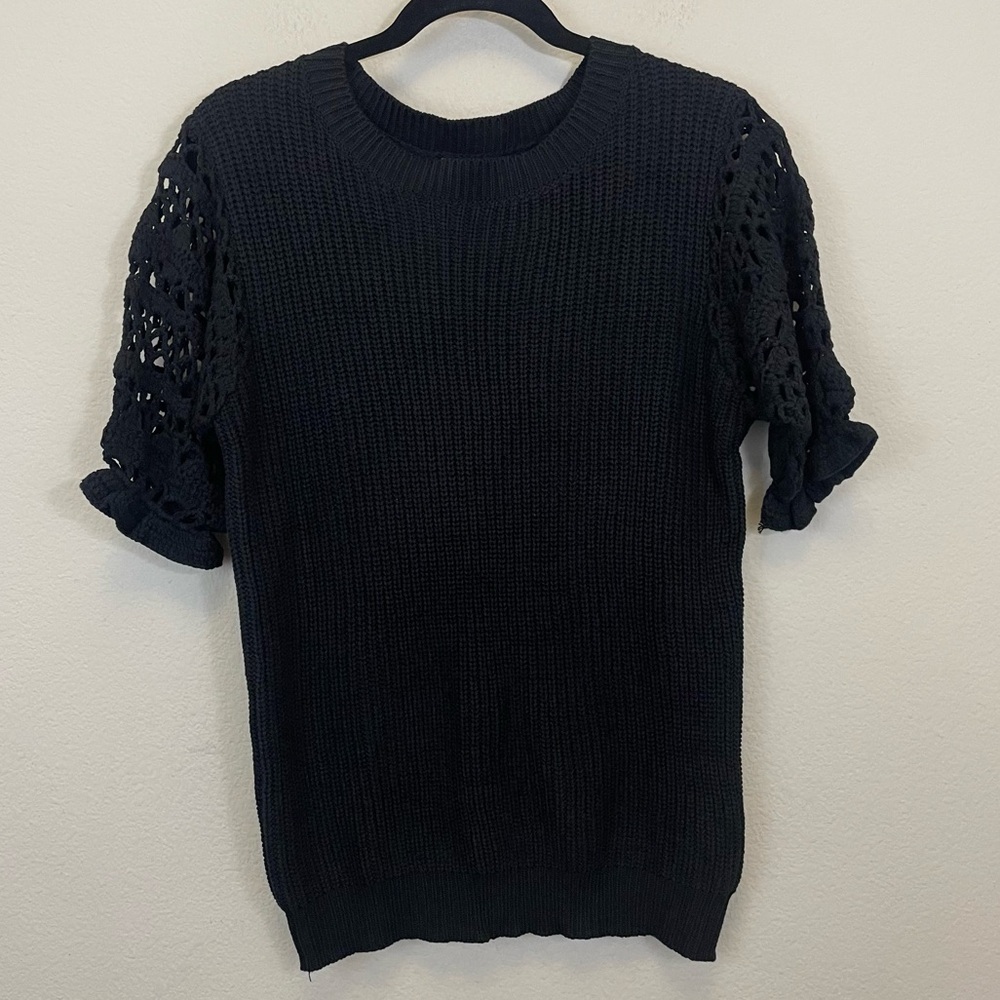 BiBi‎ Crochet Sleeves Cotton Blend Crewneck Ribbed Sweater Top Black NWT Size XL